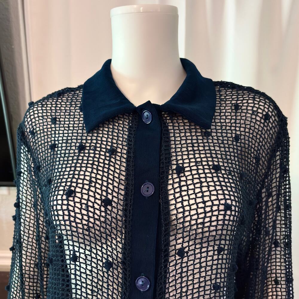 Vtg Blue Mesh Crochet Blouse Womens Sheer Open Knit Avant Garde Goth Top Large - Picture 5 of 11